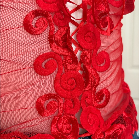 Lily  Red Lace-Up Sheer Top - Picture 3 of 15